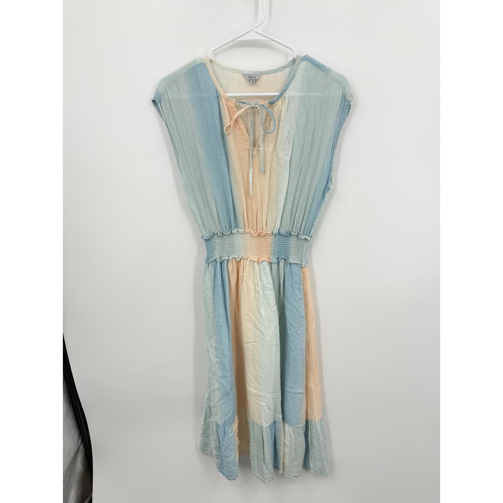 Rails Ashlyn Sunset Gradient Dress Womens XS Blue Peach Smocked Linen Blend Midi